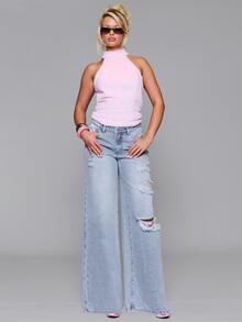 MUSERA Celana Jeans Denim Sobek Berpinggang Rendah Longgar Model Baggy Fit Musim Gugur Musim Dingin Sehari-hari Kembali ke Sekolah Pink Pony - Biru - View 1