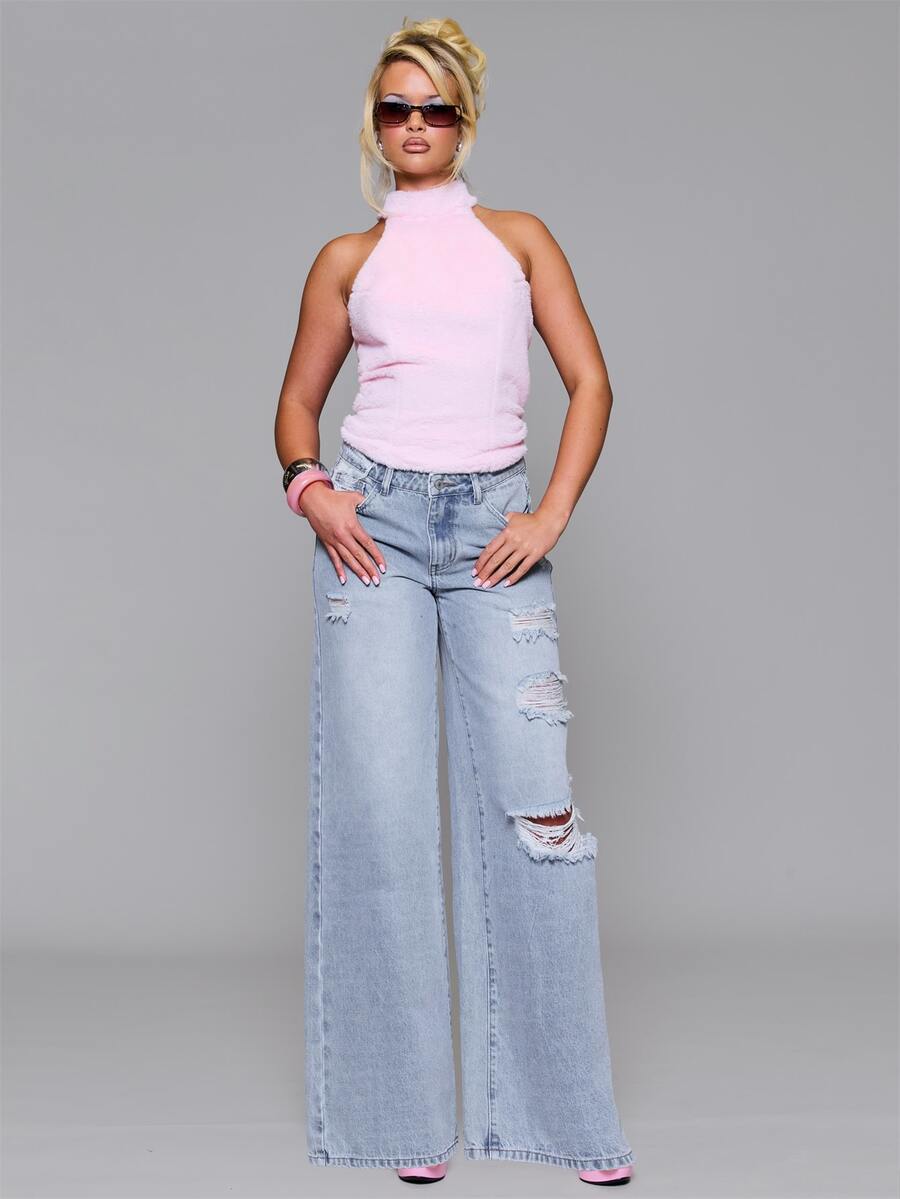 MUSERA Celana Jeans Denim Sobek Berpinggang Rendah Longgar Model Baggy Fit Musim Gugur Musim Dingin Sehari-hari Kembali ke Sekolah Pink Pony - Biru - View 1