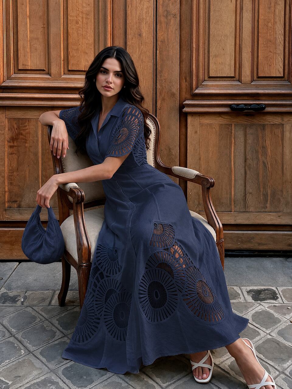 Anewsta Elegant Women's Navy Button Front Long Dress With Contrast Lace Details And Puff Sleeves Perfect For Evening Events