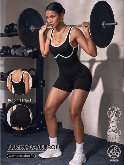 Solea Cove Solea Cove Black And White Summer Sexy Gym Women Camisole Jumpsuit,Open Back Peach Hip Fitness Wear,Aerial Yoga Shorts Set Workout Outfit Sports Bodysuit