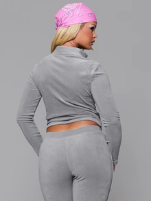 MUSERA Velour Fitted High Neck Zip Through Coord Sweatshirt Cute Autumn Fall Winter Daily Back To School Pink Pony - Grey - View 4