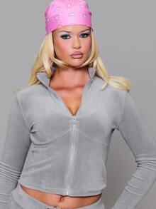 MUSERA Velour Fitted High Neck Zip Through Coord Sweatshirt Cute Autumn Fall Winter Daily Back To School Pink Pony - Grey - View 5
