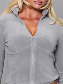 MUSERA Velour Fitted High Neck Zip Through Coord Sweatshirt Cute Autumn Fall Winter Daily Back To School Pink Pony - Grey - View 6