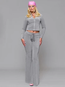 MUSERA Velour Fitted High Neck Zip Through Coord Sweatshirt Cute Autumn Fall Winter Daily Back To School Pink Pony - Grey - View 2