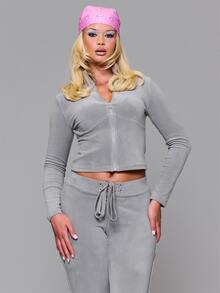 MUSERA Velour Fitted High Neck Zip Through Coord Sweatshirt Cute Autumn Fall Winter Daily Back To School Pink Pony - Grey - View 1