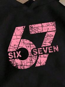 青少年女孩 1 件 67 SIX SEVEN 裂紋數字字母印花長袖休閒時尚簡約黑色秋季冬季日常穿搭衛衣 - 黑色 - 查看 5