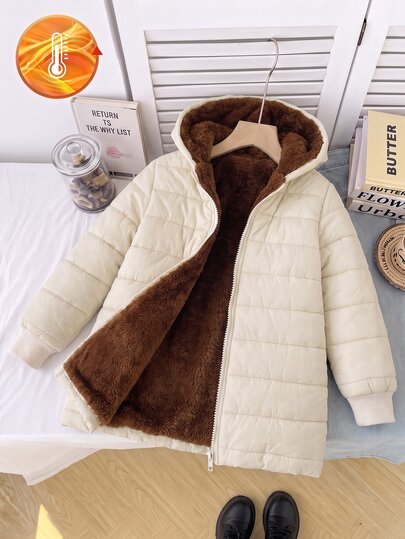 女童雪絨內裡冬季加厚連帽長版保暖抓絨外套，適合學校日常穿著、戶外玩雪、週末家庭旅行