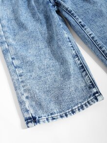 SHEIN Genkimix Kids YOUNG GIRL 休閒百搭日常萬用鈕扣前襟細節鬆緊腰生邊寬腿牛仔褲 舒適日常穿著 嬰兒藍 夏季 - 中等水洗藍 - 查看 6
