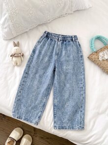 SHEIN Genkimix Kids YOUNG GIRL 休閒百搭日常萬用鈕扣前襟細節鬆緊腰生邊寬腿牛仔褲 舒適日常穿著 嬰兒藍 夏季 - 中等水洗藍 - 查看 2