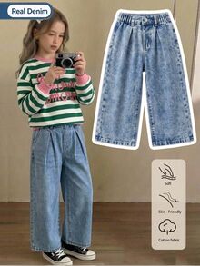 SHEIN Genkimix Kids YOUNG GIRL 休閒百搭日常萬用鈕扣前襟細節鬆緊腰生邊寬腿牛仔褲 舒適日常穿著 嬰兒藍 夏季 - 中等水洗藍 - 查看 3