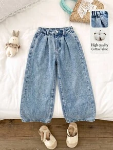 SHEIN Genkimix Kids YOUNG GIRL 休閒百搭日常萬用鈕扣前襟細節鬆緊腰生邊寬腿牛仔褲 舒適日常穿著 嬰兒藍 夏季 - 中等水洗藍 - 查看 1