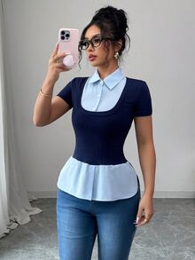 Elenzga 2025 新款夏季修身二合一马球领针织短袖 T 恤 - 彩色 - 查看 3