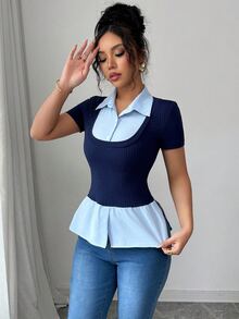 Elenzga 2025 新款夏季修身二合一马球领针织短袖 T 恤 - 彩色 - 查看 7