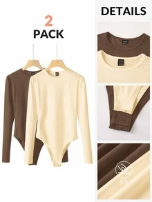 SHEIN BASICS 2件組女款純色針織圓領長袖連身衣，黑色與白色 - 彩色 - 查看 3