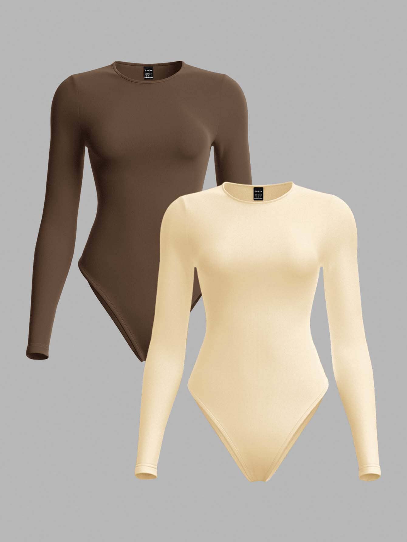 SHEIN BASICS 2件組女款純色針織圓領長袖連身衣,黑色與白色 - 彩色 - 查看 1