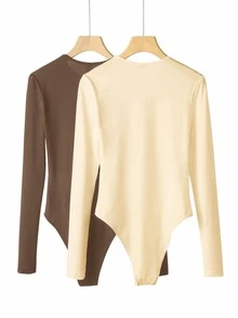 SHEIN BASICS 2件組女款純色針織圓領長袖連身衣，黑色與白色 - 彩色 - 查看 4