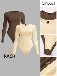 SHEIN BASICS 2件組女款純色針織圓領長袖連身衣，黑色與白色 - 彩色 - 查看 9