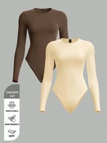 SHEIN BASICS 2件組女款純色針織圓領長袖連身衣，黑色與白色 - 彩色 - 查看 10