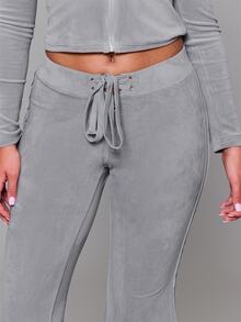 MUSERA Celana Sweat Pants Velour Fitted Flare Low Rise dengan Tali Depan, Cocok untuk Musim Gugur, Musim Dingin, Sehari-hari, Kembali ke Sekolah, Pink Pony - Grey - View 5
