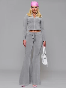 MUSERA Celana Sweat Pants Velour Fitted Flare Low Rise dengan Tali Depan, Cocok untuk Musim Gugur, Musim Dingin, Sehari-hari, Kembali ke Sekolah, Pink Pony - Grey - View 1