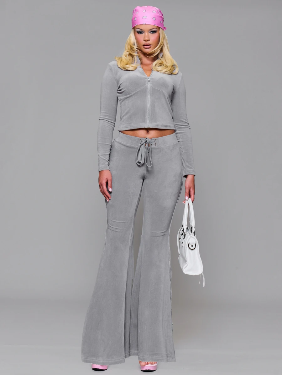 MUSERA Celana Sweat Pants Velour Fitted Flare Low Rise dengan Tali Depan, Cocok untuk Musim Gugur, Musim Dingin, Sehari-hari, Kembali ke Sekolah, Pink Pony - Grey - View 1