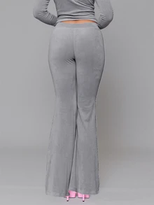 MUSERA Celana Sweat Pants Velour Fitted Flare Low Rise dengan Tali Depan, Cocok untuk Musim Gugur, Musim Dingin, Sehari-hari, Kembali ke Sekolah, Pink Pony - Grey - View 4