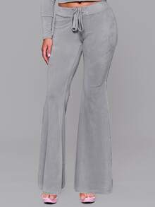 MUSERA Celana Sweat Pants Velour Fitted Flare Low Rise dengan Tali Depan, Cocok untuk Musim Gugur, Musim Dingin, Sehari-hari, Kembali ke Sekolah, Pink Pony - Grey - View 2