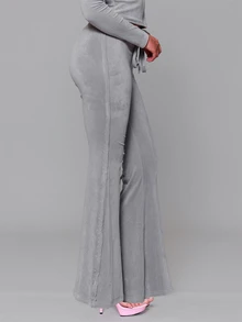 MUSERA Celana Sweat Pants Velour Fitted Flare Low Rise dengan Tali Depan, Cocok untuk Musim Gugur, Musim Dingin, Sehari-hari, Kembali ke Sekolah, Pink Pony - Grey - View 3