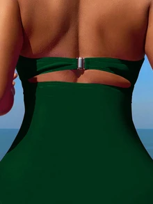 Swim SXY Women Solid Color Hollow Out Ruffle Monokini Swimsuit, Perfect For Beach Vacation,Summer Beach - Dark Green - View 3