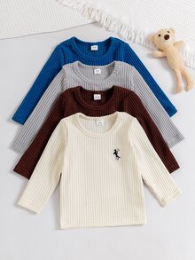 SHEIN Vintaside Kids 4件組男嬰幼兒男孩T恤長褲套裝 學院風藍灰色棕色羅紋針織馬刺繡長袖圓領休閒派對秋季連身褲合身款 - 彩色 - 查看 7