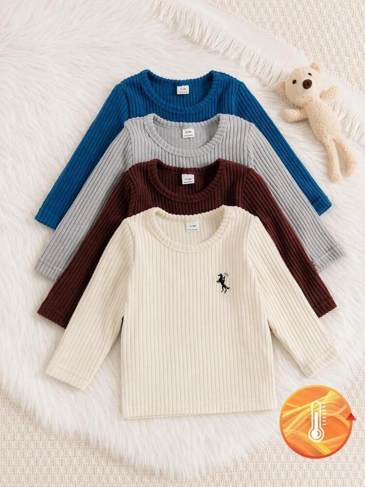 SHEIN Vintaside Kids 4 pcs Kaos Lengan Panjang Bayi Laki-laki Motif Kuda Rajut Rib Lucu Gaya Preppy Warna Biru Abu-abu Cokelat Putih Kerah Bulat Fit Reguler untuk Outdoor Musim Gugur Atasan Pullover - MultiWarna - View 8