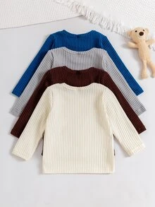 SHEIN Vintaside Kids 4件組男嬰幼兒男孩T恤長褲套裝 學院風藍灰色棕色羅紋針織馬刺繡長袖圓領休閒派對秋季連身褲合身款 - 彩色 - 查看 2