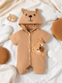 SHEIN 1 buah Baju Terusan Bayi Laki-laki Lengan Pendek Berkerudung dengan Bordir Beruang Cokelat untuk Pemotretan, Pakaian Sehari-hari, Musim Semi & Musim Panas - Coklat - View 8