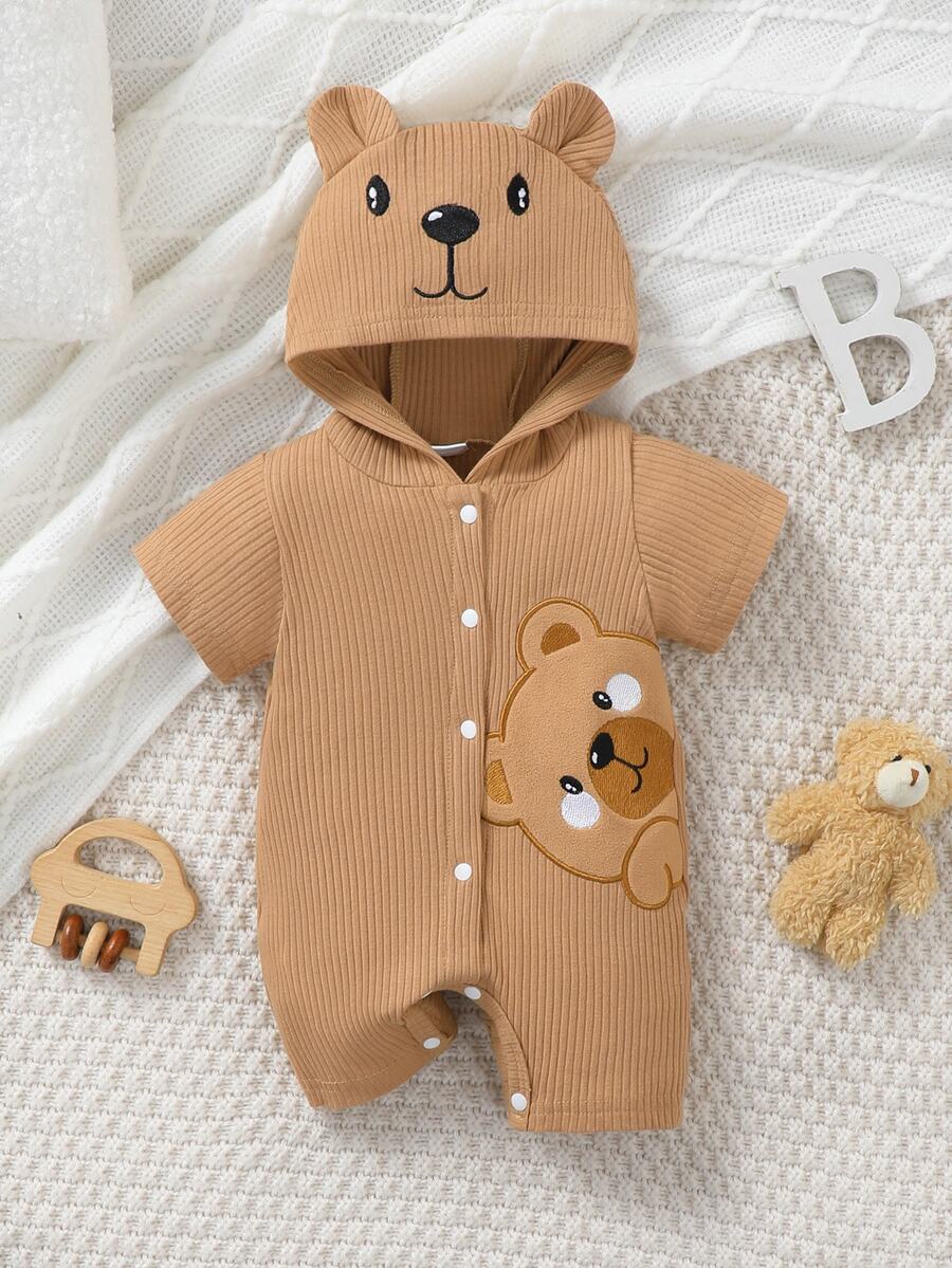 SHEIN 1 buah Baju Terusan Bayi Laki-laki Lengan Pendek Berkerudung dengan Bordir Beruang Cokelat untuk Pemotretan, Pakaian Sehari-hari, Musim Semi & Musim Panas - Coklat - View 1
