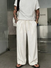 STEELVANCE Men's Solid Color Drawstring Waist Pleated Straight Leg Casual Pants, Loose Fit Minimalist Streetwear Trousers - White - View 3