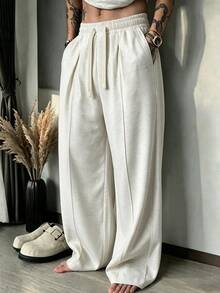STEELVANCE Men's Solid Color Drawstring Waist Pleated Straight Leg Casual Pants, Loose Fit Minimalist Streetwear Trousers - White - View 6