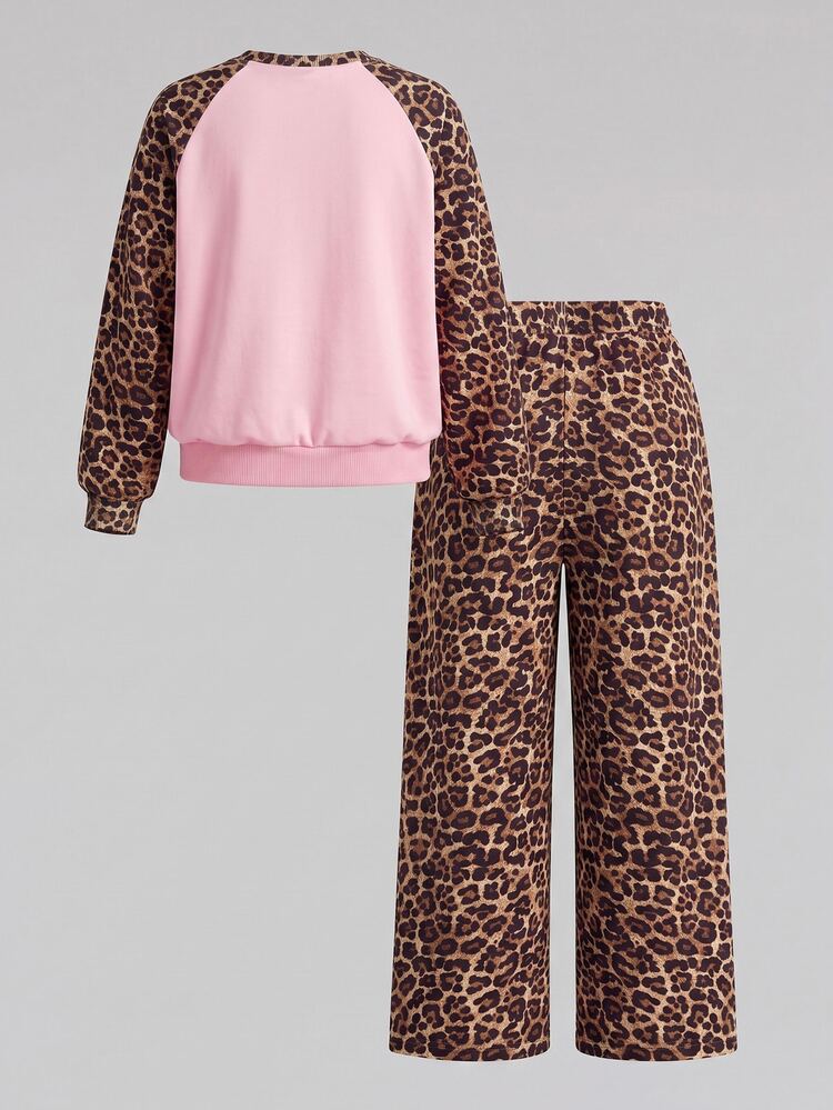 Vintage Fashion Leopard Print Brown & Pink Striped, Tween Girl Casual Loose Soft Thick Dropped Shoulder Long Sleeve Crew Neck Pullover Fleece Sweatshirt & Wide Leg Sweatpants Set, Suitable For Autumn/Winter Daily, Street, Outdoor, Sports, Campus, Back To School, Chill Chill - Multicolor - View 4