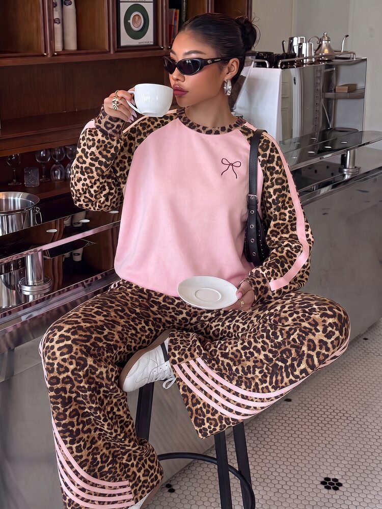 Vintage Fashion Leopard Print Brown & Pink Striped, Tween Girl Casual Loose Soft Thick Dropped Shoulder Long Sleeve Crew Neck Pullover Fleece Sweatshirt & Wide Leg Sweatpants Set, Suitable For Autumn/Winter Daily, Street, Outdoor, Sports, Campus, Back To School, Chill Chill - Multicolor - View 3