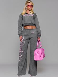 MUSERA Sweatshirt Hoodie Bermotif Grafis dengan Resleting, Cocok untuk Musim Gugur dan Musim Dingin, Sehari-hari, Kembali ke Sekolah, Pink Pony - Dark Grey - View 2
