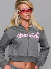 MUSERA Sweatshirt Hoodie Bermotif Grafis dengan Resleting, Cocok untuk Musim Gugur dan Musim Dingin, Sehari-hari, Kembali ke Sekolah, Pink Pony - Dark Grey - View 5