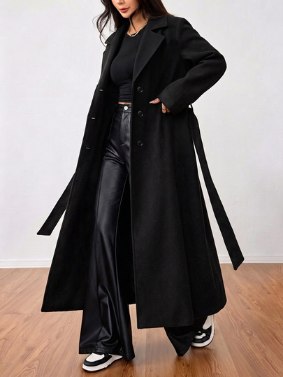 Flirla 2026 New Women's Wool-Blend Long Trench Coat With Belt, Black, Ideal For Autumn Office Wear And Elegant Party Occasions