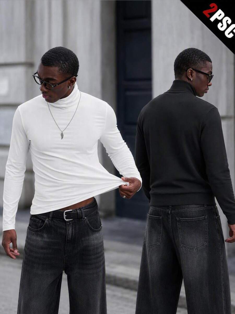 Mainfolk Men's Solid Color High Neck Long Sleeve Casual Versatile T-Shirt Halloween Winter Party Autumn - White - View 1