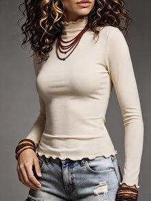 Trelyra Women's Wavy Ruffle Long Sleeve Beige Solid Color Curved Hem T-Shirt Everyday Lounge Winter Casual - Apricot - View 8