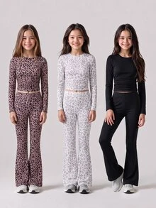 SHEIN 春秋女童3件套/套裝休閒可愛百搭日常圓領短袖長袖上衣+修身喇叭褲針織套裝校服豹紋長袖兩件套，包含修身短版上衣與高腰微喇叭長褲，彈性針織面料舒適親膚，適合春秋日常穿著、校園活動、親子街拍、假期 - 彩色 - 查看 4