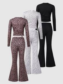 SHEIN 春秋女童3件套/套裝休閒可愛百搭日常圓領短袖長袖上衣+修身喇叭褲針織套裝校服豹紋長袖兩件套，包含修身短版上衣與高腰微喇叭長褲，彈性針織面料舒適親膚，適合春秋日常穿著、校園活動、親子街拍、假期 - 彩色 - 查看 2