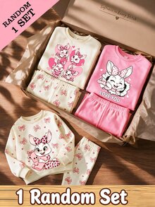 Randomly Shipped 1 Set (2 Pieces): Young Girls Cartoon Bow Hoodie & Sweatshirt Co-Ords Cute Tops New Fall Styles Autumn Graphic Tees Cartoon Rabbit - White - View 1