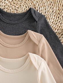 SHEIN Vintaside Kids 3件組男嬰長袖連身衣，柔軟親膚保暖簡約圖案百搭，適合嬰兒，家庭灰色卡其色白色秋季款 - 彩色 - 查看 7