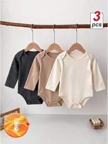 SHEIN Vintaside Kids 3件組男嬰長袖連身衣，柔軟親膚保暖簡約圖案百搭，適合嬰兒，家庭灰色卡其色白色秋季款 - 彩色 - 查看 2