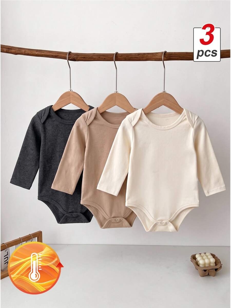 SHEIN Vintaside Kids 3件組男嬰長袖連身衣，柔軟親膚保暖簡約圖案百搭，適合嬰兒，家庭灰色卡其色白色秋季款