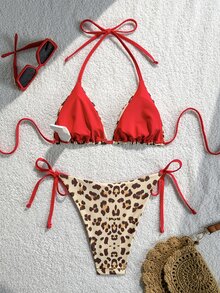 SHEIN Swim 女款兩件式夏季性感豹紋V領掛脖綁帶比基尼套裝 - 彩色 - 查看 2